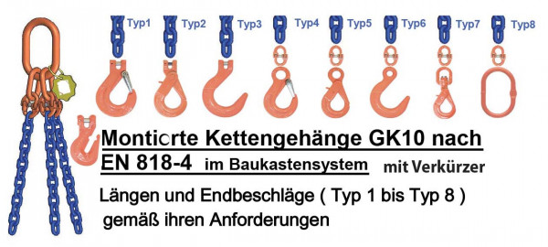 3-strg. Kettengehänge ø 6 bis 20 mm - 1m Nutzlänge GK 10 mit Verkürzer gemäß EN818-4